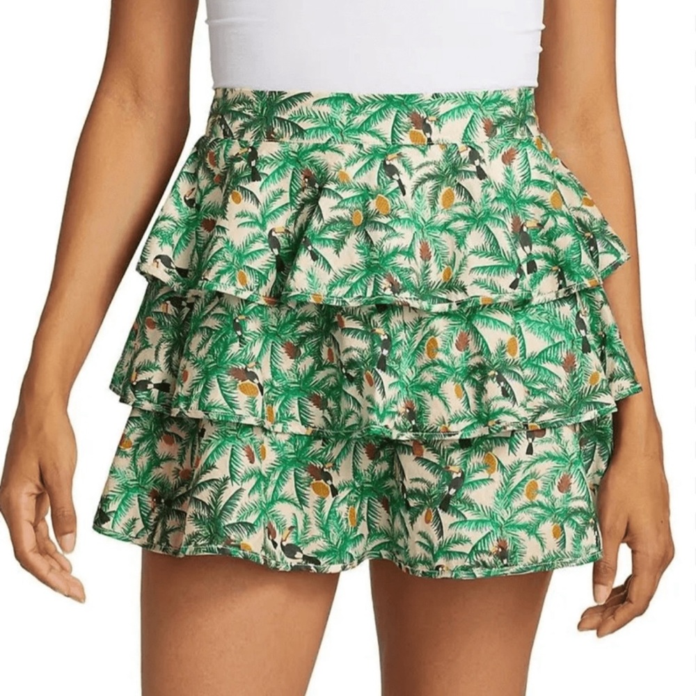 FARM Rio Tropical Palm Tiered Mini Skirt in Green and Cream